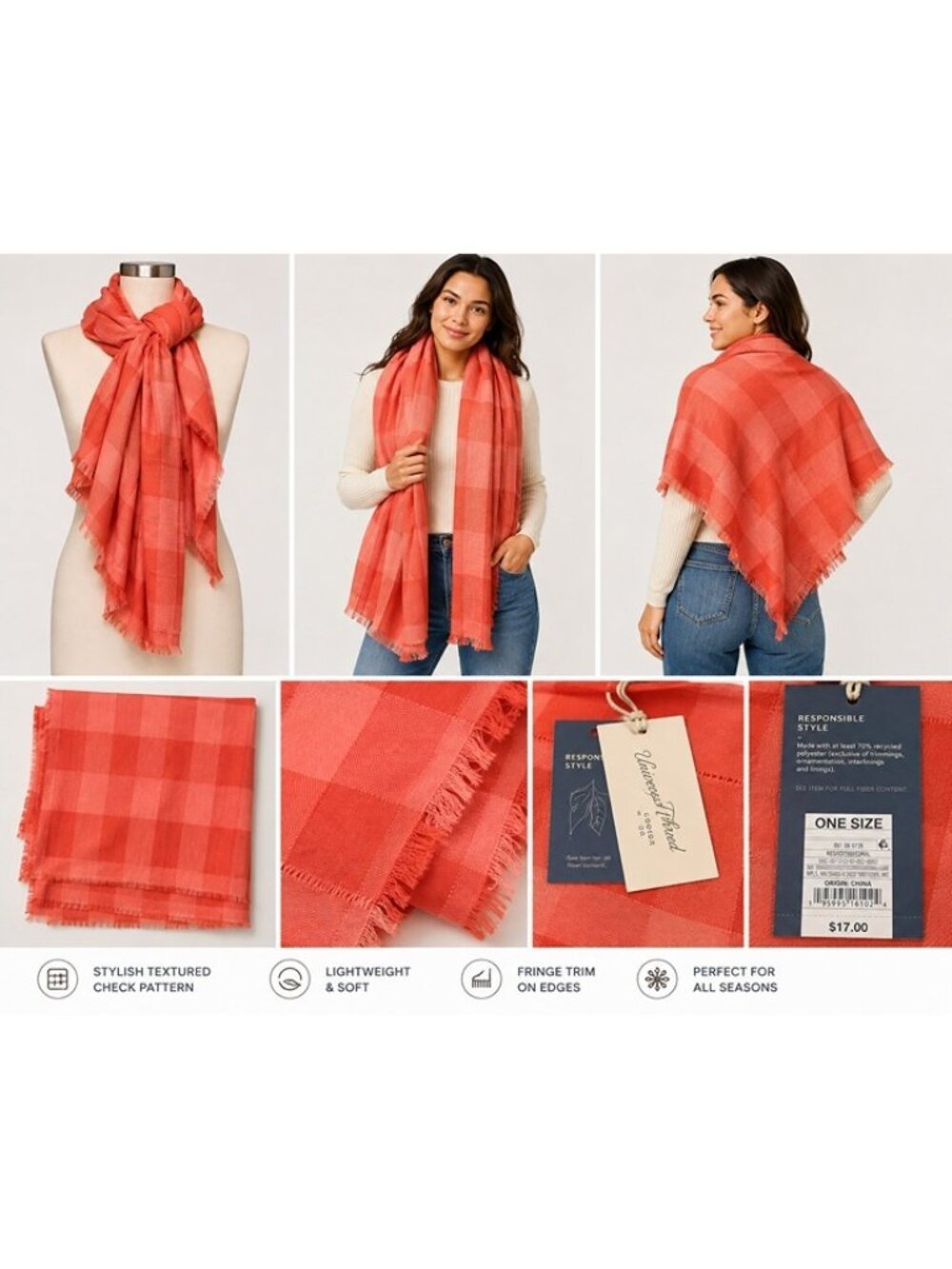 Universal Thread Women’s Red Textured Check Plaid Wrap Scarf 60x40 NWT